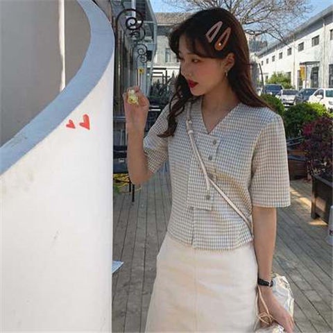 Áo sơ mi nữ sọc caro kiểu lạ mắt hàn quốc