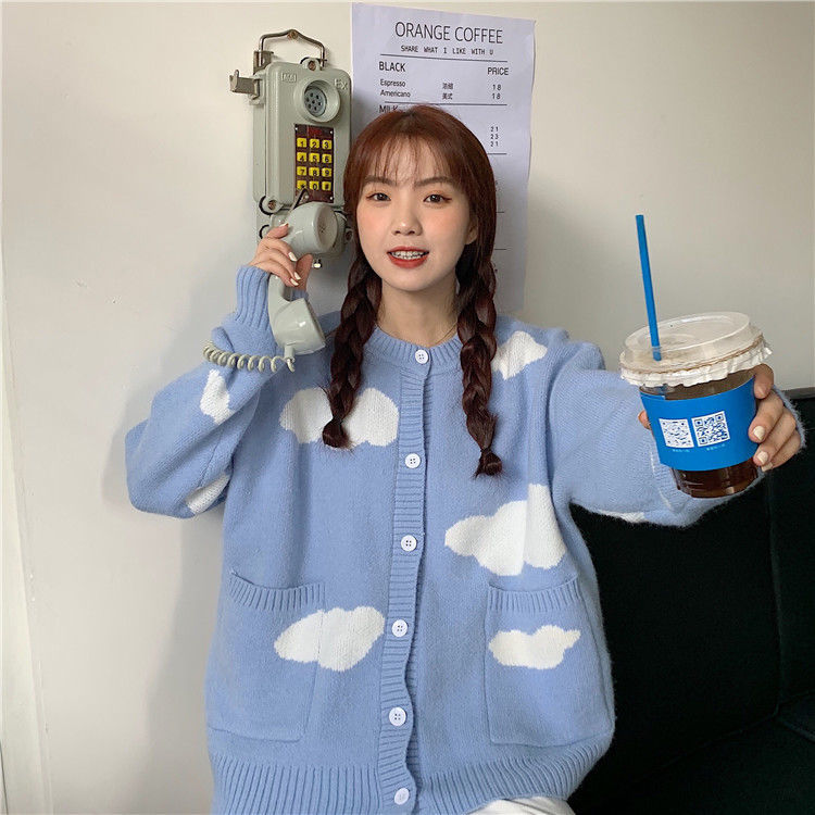Áo Khoác Lông Frity Korean Blue Sky White Cloud Knitted Cardigan Female Loose Round Neck Student Sweater Coat