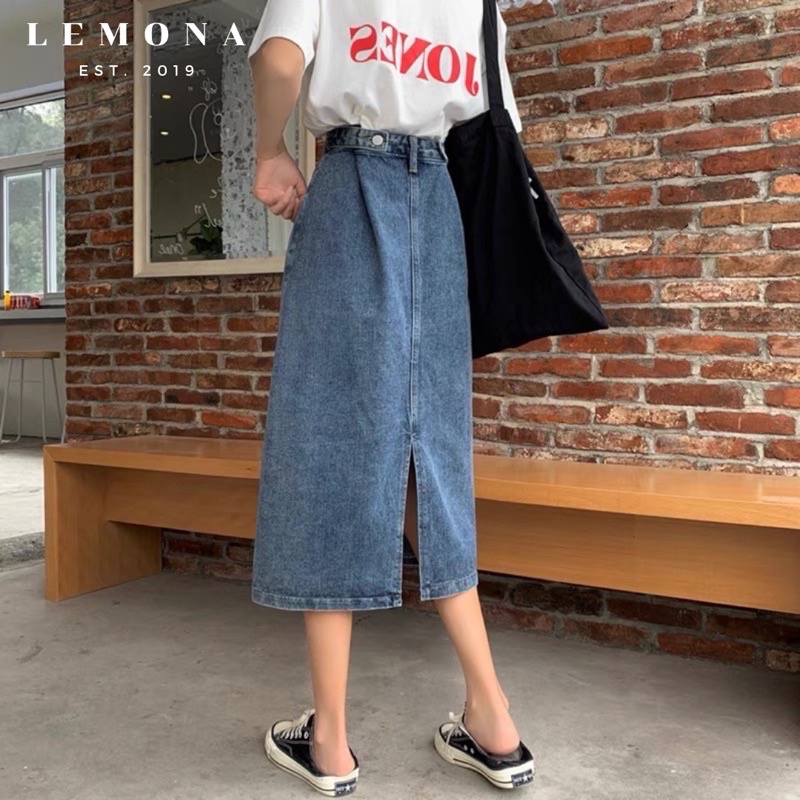 Chân váy jeans xẻ tà vạt chéo có bigsize