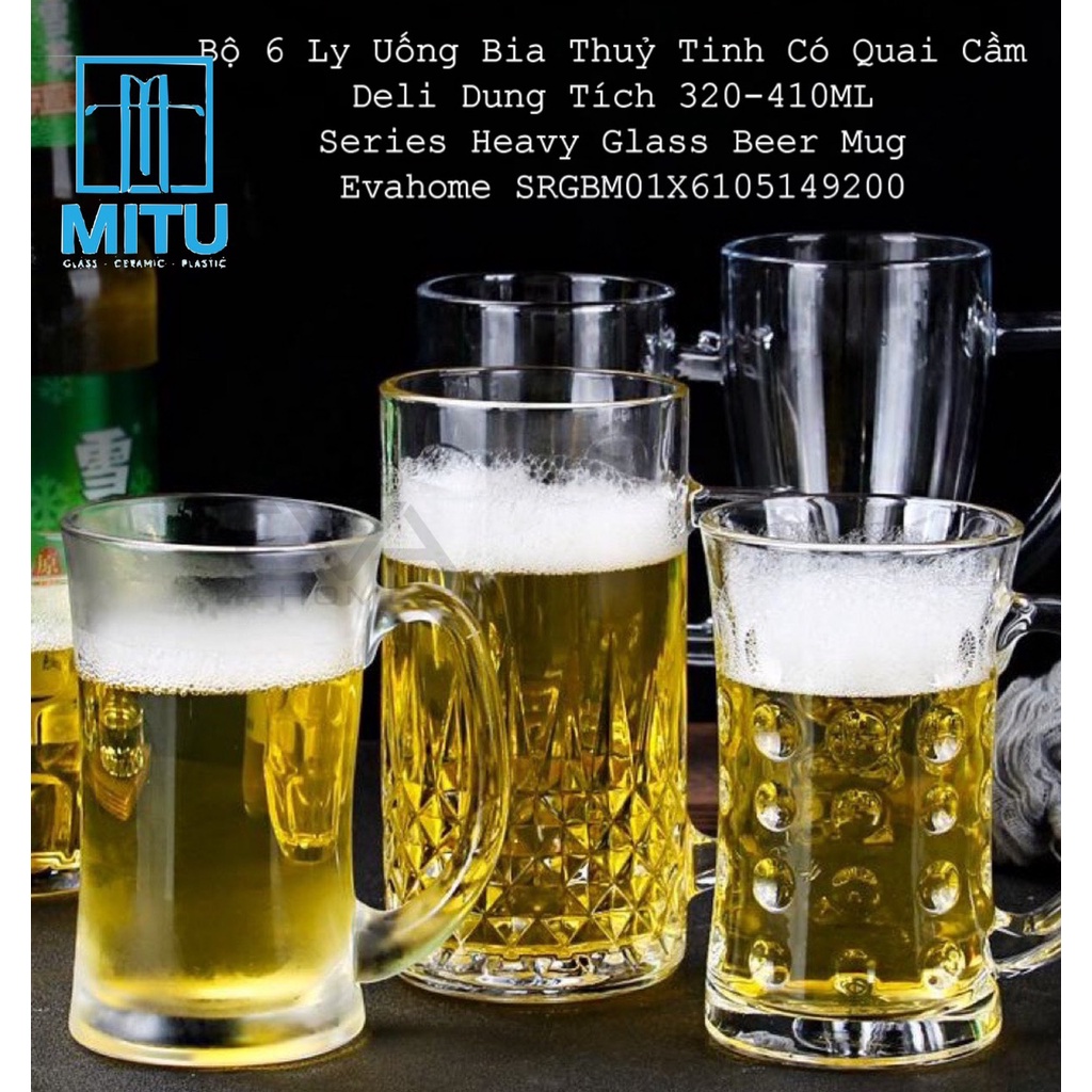 Bộ 6 Ly Uống Bia Thuỷ Tinh Có Quai Cầm Deli Dung Tích 320-410ML Heavy Glass Beer Mug 9.5-12.5 OZ