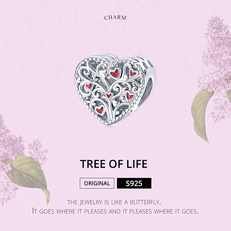 Charm bạc BSC279 tráng men đỏ Bamoer hình trái tim xỏ lắc tay