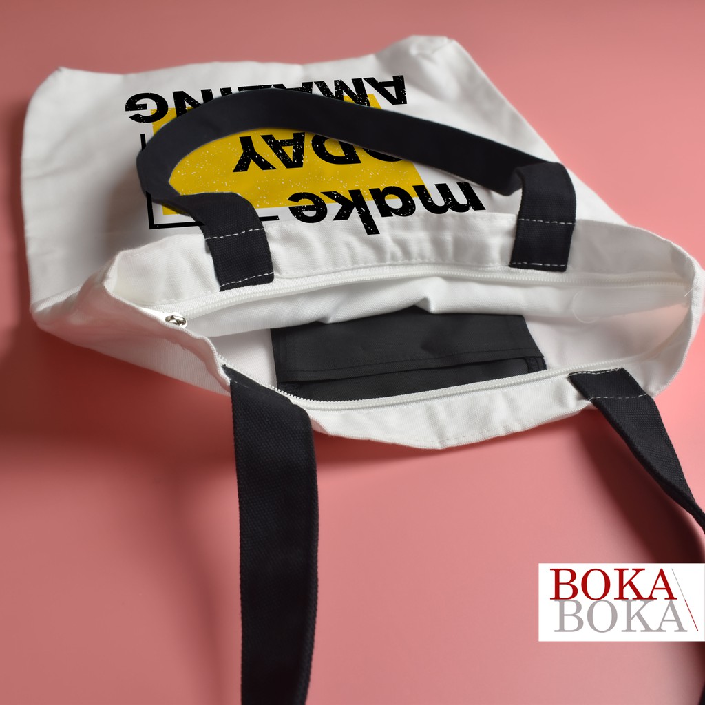 Túi Tote Vải Canvas Đeo Vai Dây Đen In Chữ Đen Đơn Giản [Khóa Miệng Túi + Túi Con]
