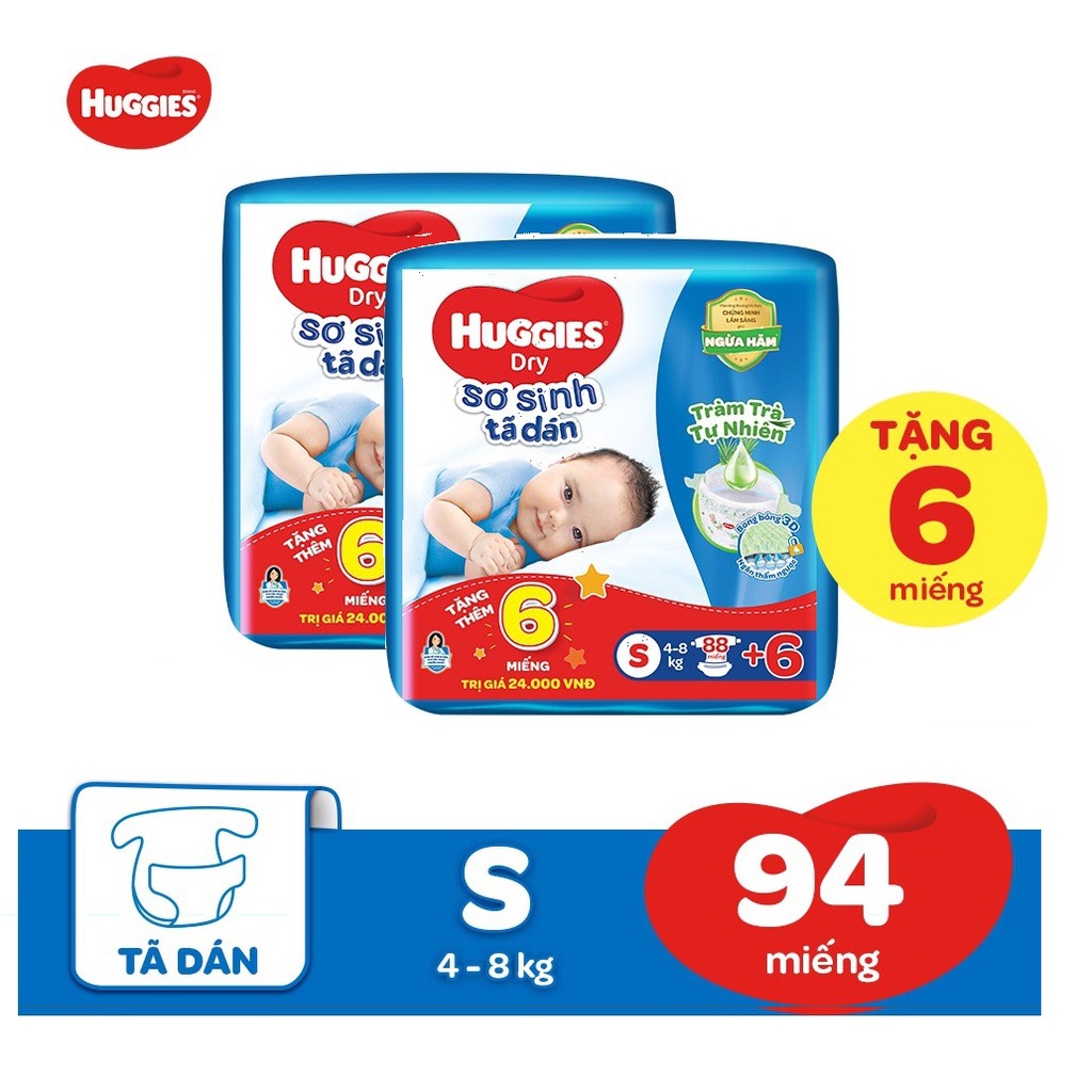 Combo 2 Bịch Tã Dán Sơ Sinh Huggies S88+6 Miếng Mới
