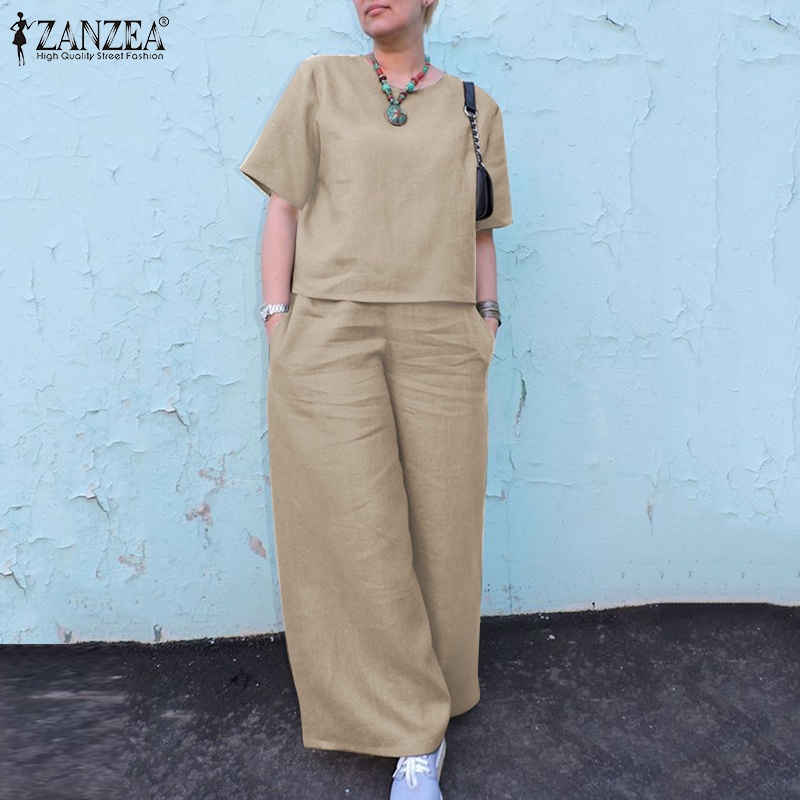 Bộ áo thun tay lỡ cổ tròn + quần dài ống rộng ZANZEA thời trang cho nữ