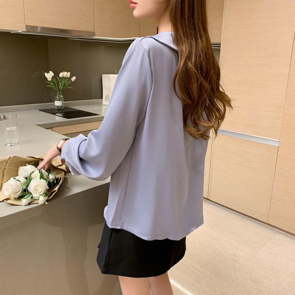 Áo sơ mi tay dài cổ bẻ chữ V thời trang thanh lịch dành cho nữ