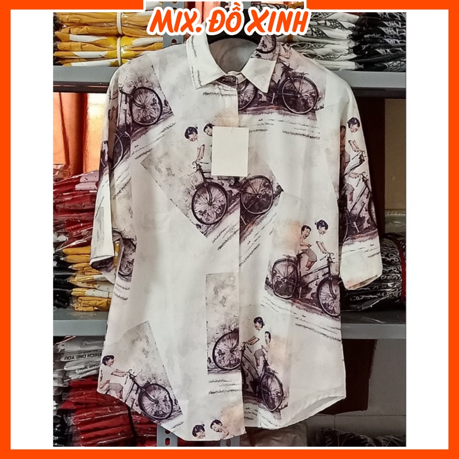 Áo sơ mi nữ form rộng tay lỡ Thu Hà sơ mi kiểu chất liệu đũi trơn mịn mát, họa tiết Anh Em - Xe Đạp