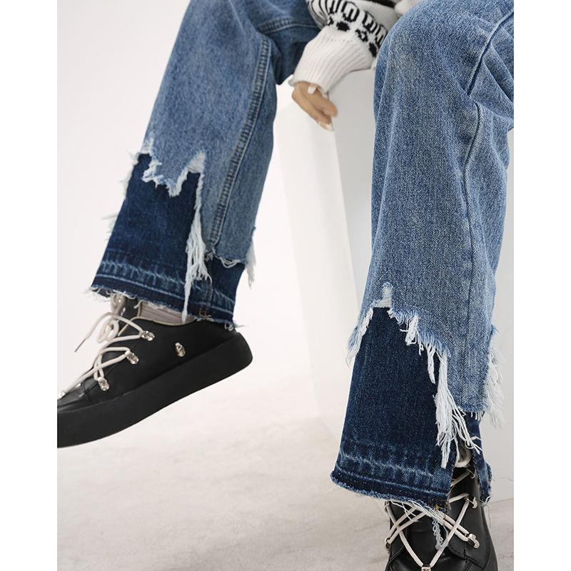Quần Jean Lưng Cao Ống Rộng Xẻ Tà Thời Trang Xuân Thu Phong Cách Mới Cho Nữ