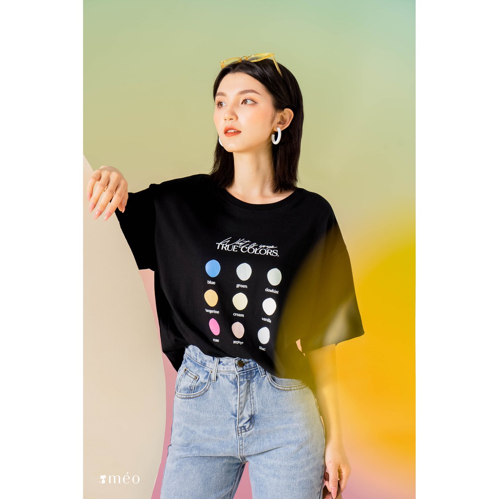 Áo thun tay lỡ Méo shop phông chữ cổ tròn cotton in chữ What color are you freesize form rộng