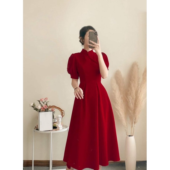 Đầm đỏ tay phồng nút bọc Rubi Dress
