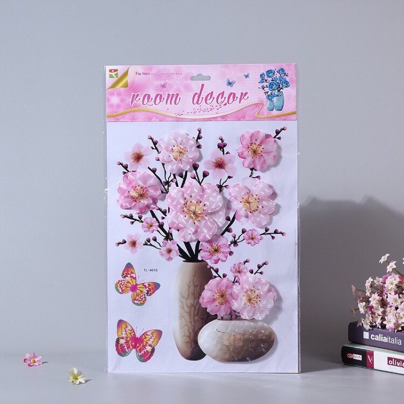 Tranh dán tường 3D hình lọ hoa các kiểu nhiều hình, Decal dán tường 3d Phòng Ngủ xinh xắn