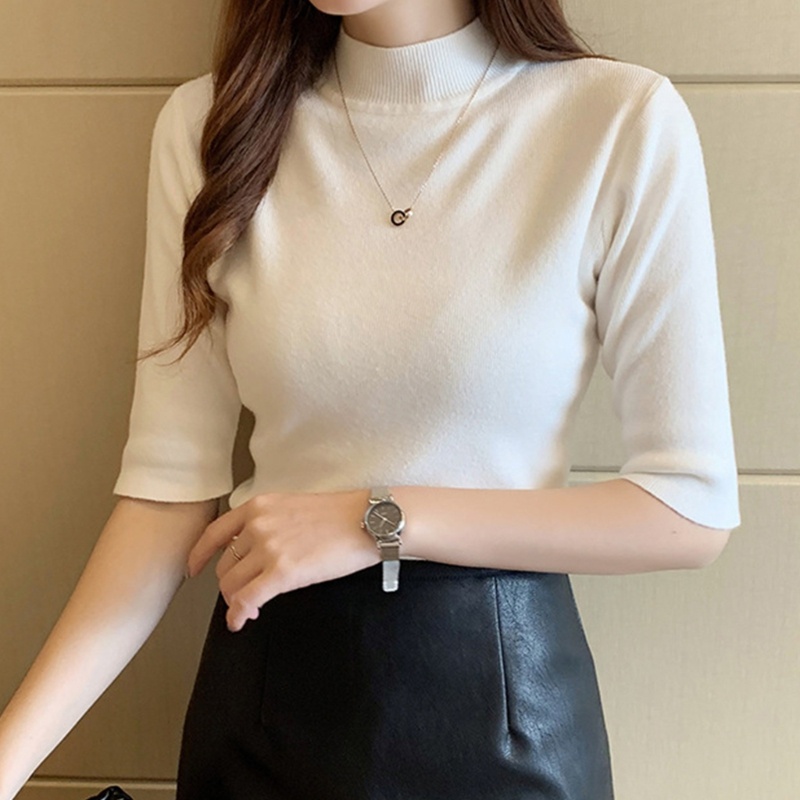 Áo Sweater Dệt Kim Cổ Lọ Tay Lửng Thời Trang Cho Nữ