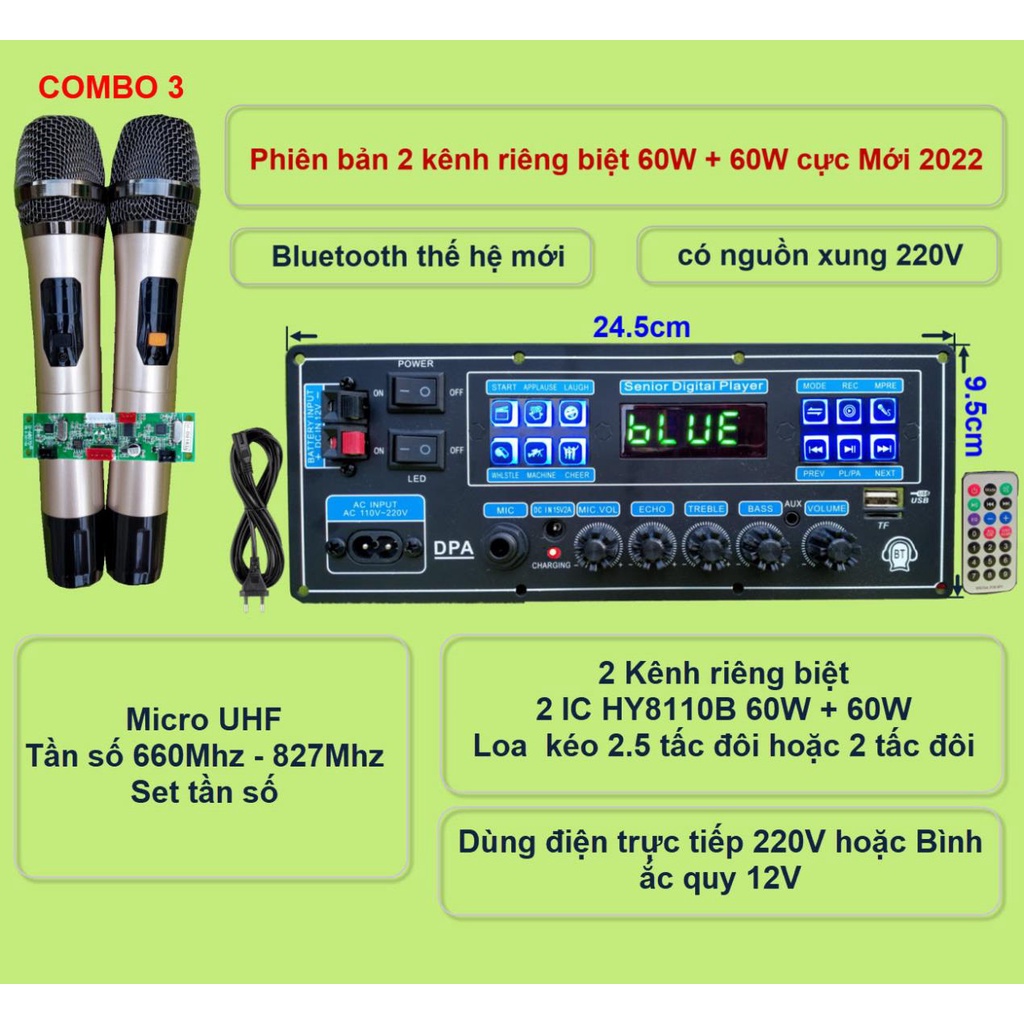 Mạch loa kéo 2 kênh riêng biệt 2 IC HY8110B 60W + 60W có nguồn xung 220V – Bluetooth thế hệ mới kèm micro đôi