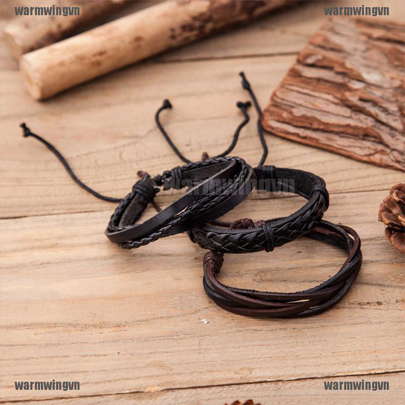 Set 6 Vòng Tay Da Bện Nhiều Lớp Phong Cách Vintage Cho Nam