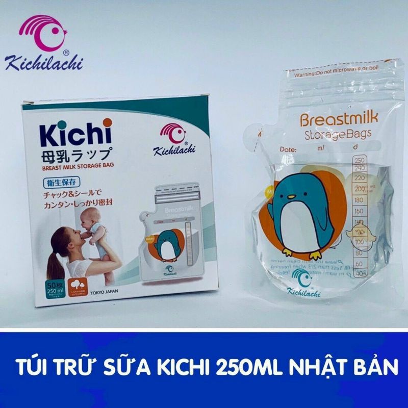 Túi trữ sữa Kichilachi 250ml, Túi đựng sữa mẹ an toàn cho bé, 2 khóa Ziper