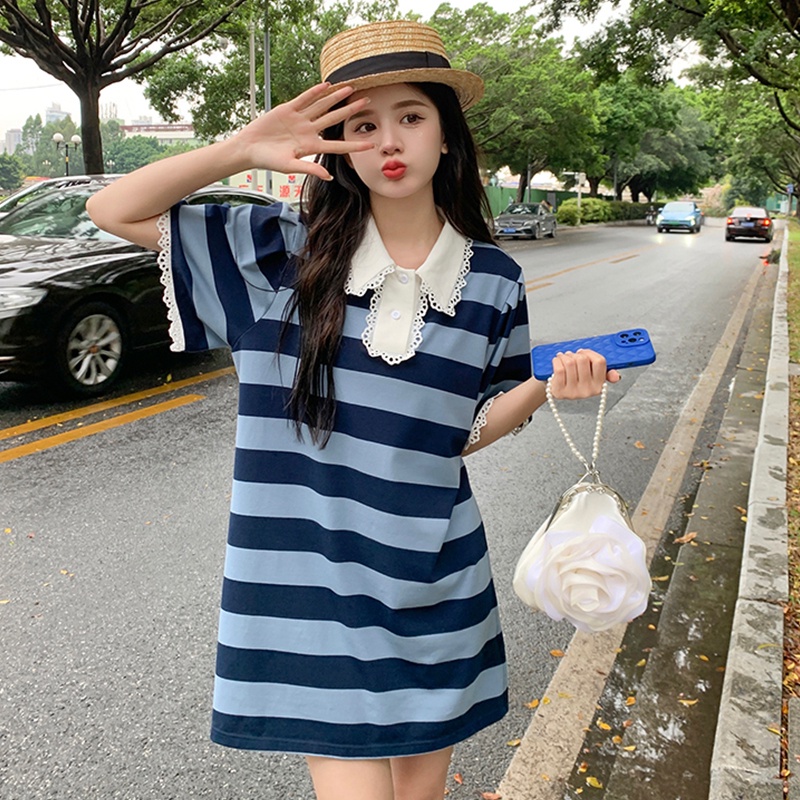 Đầm Cổ Polo Họa Tiết Kẻ Sọc Viền Ren Dáng Rộng Thời Trang Mùa Hè Hàng Mới Dành Cho Bạn Nữ