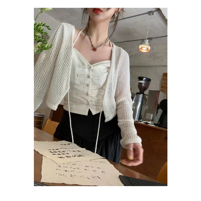 Áo Hai Dây Cổ Yếm Dáng Ngắn Màu Trắng Phong Cách Trung Hoa Thời Trang Mùa Hè Xinh Xắn Cho Nữ