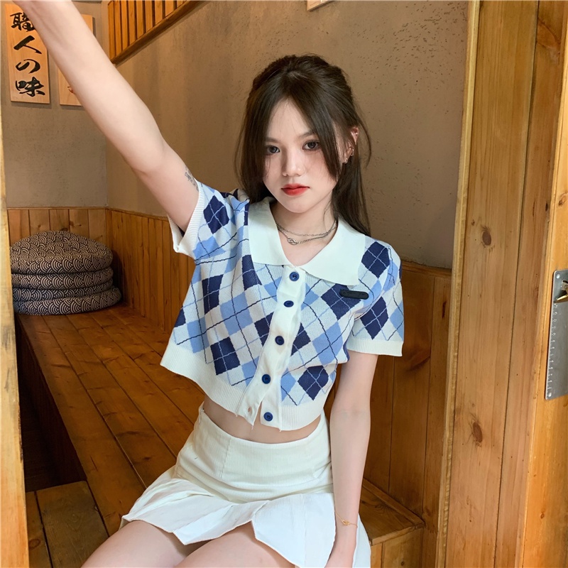 Áo Polo Len Dệt Kim Croptop Kẻ Ô Phong Cách Hàn Quốc AL15