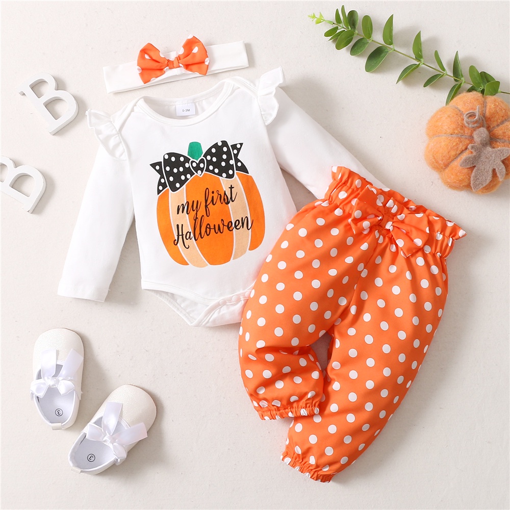 Set đồ 3 món MIKRDOO gồm áo liền quần tay dài in hình bí ngô halloween + quần chấm bi + băng đô cho bé gái 1 tuổi
