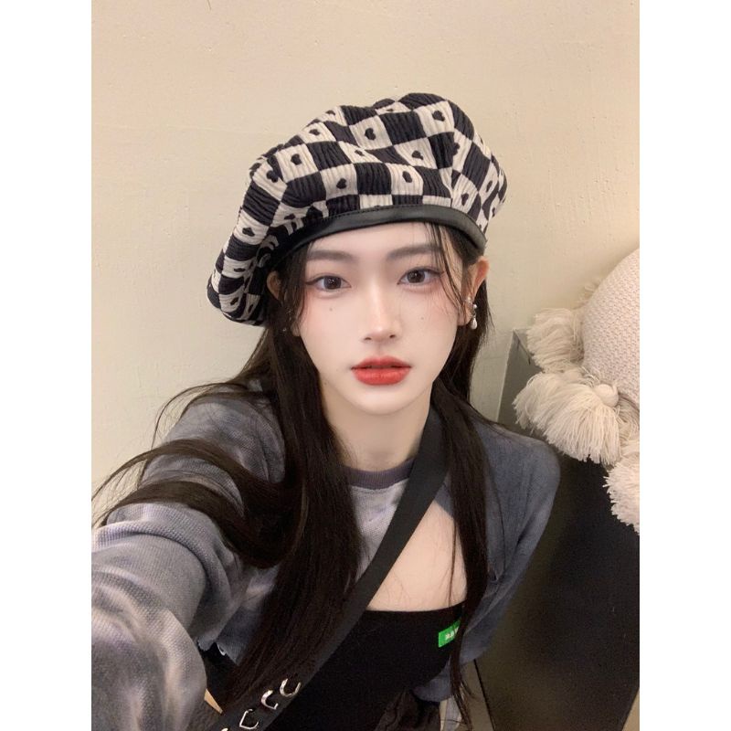 Mũ Nồi Nón Beret Họa Tiết Caro Hình Trái Tim