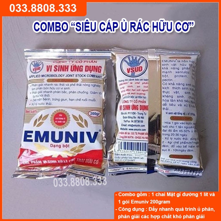 BỘ ĐÔI 01 CHAI MẬT RỈ ĐƯỜNG LOẠI 1 LÍT &amp;  01 GÓI EMUNIV 200GRAM - DÙNG Ủ RÁC THẢI VÀ KHỬ MÙI HIỆU QUẢ