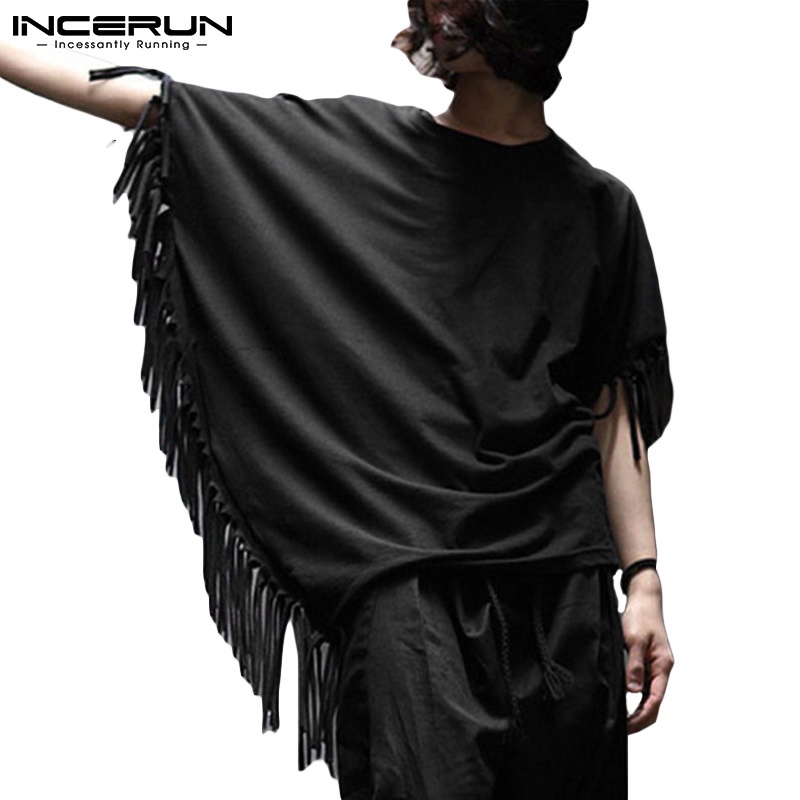 Áo thun kiểu INCERUN tay cánh dơi phối tua rua màu đen thời trang cá tính dành cho nam