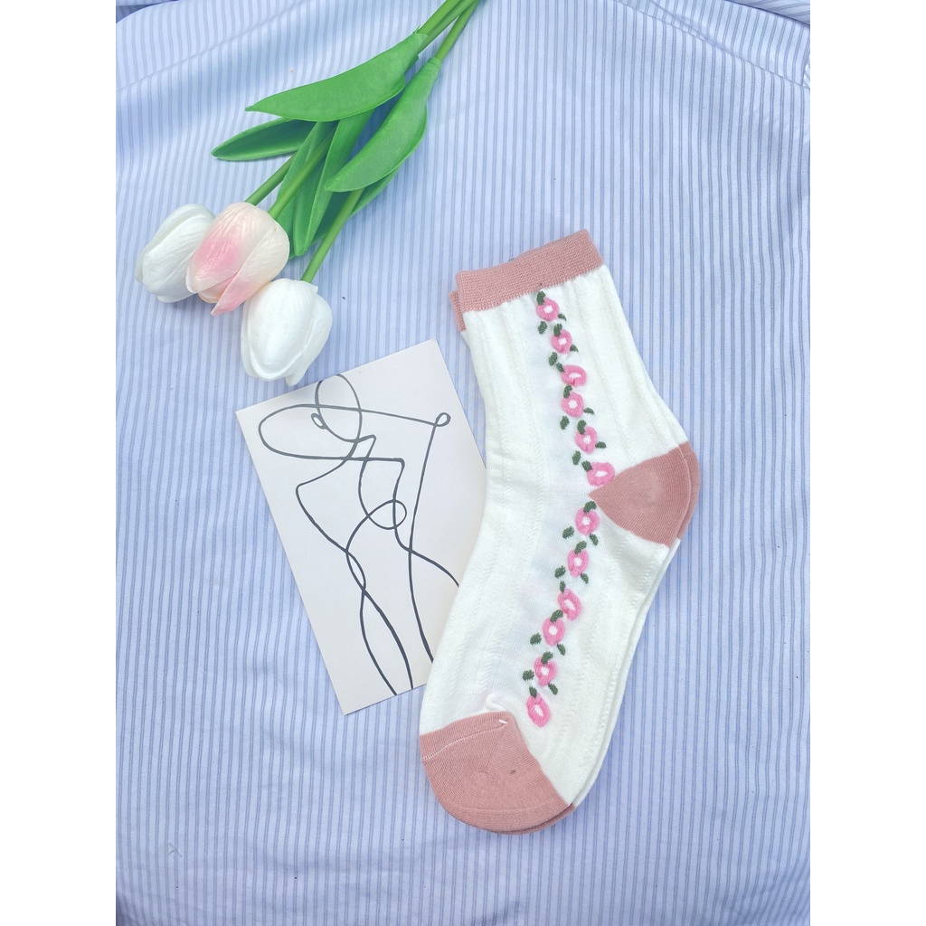 Tất cổ cao Muzini vớ nữ tone hồng in hoạt tiết hoa nhẹ nhàng cực đẹp TN212