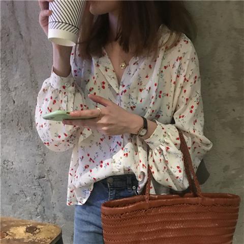 Áo Sơ Mi Chiffon Tay Dài Phồng Cổ Chữ V In Họa Tiết Hoa Phong Cách Hàn Quốc Dành Cho Nữ