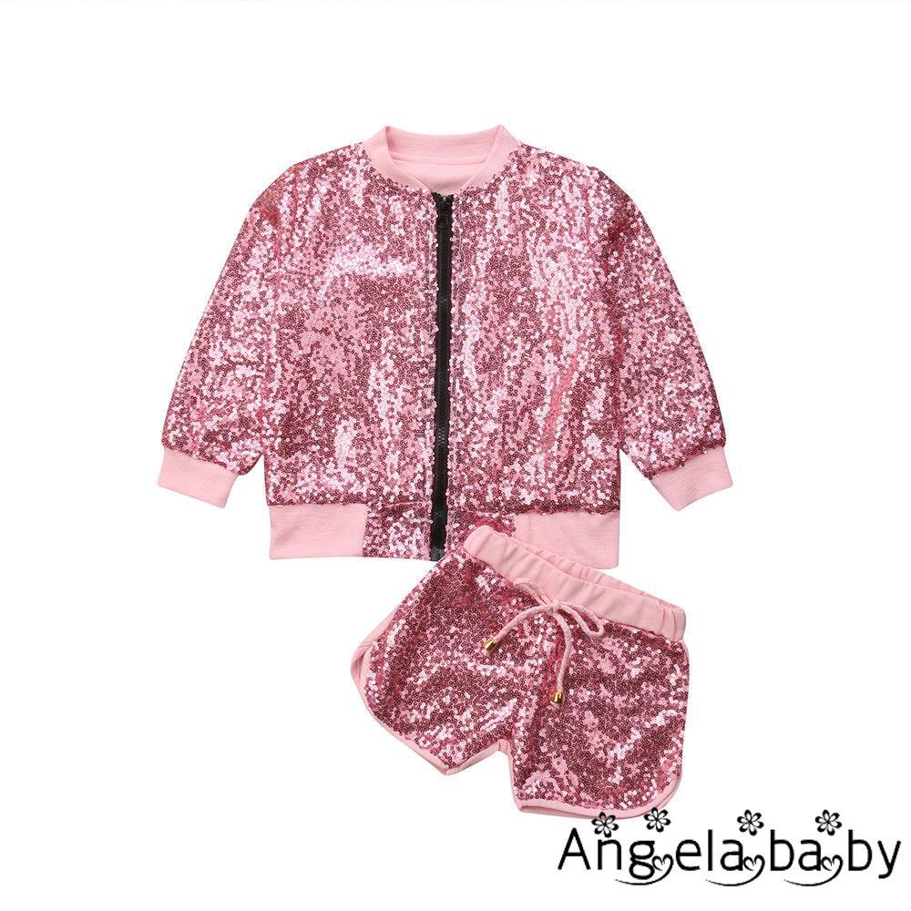 Set áo khoác khóa kéo và quần ngắn đính kim sa lấp lánh cho bé gái