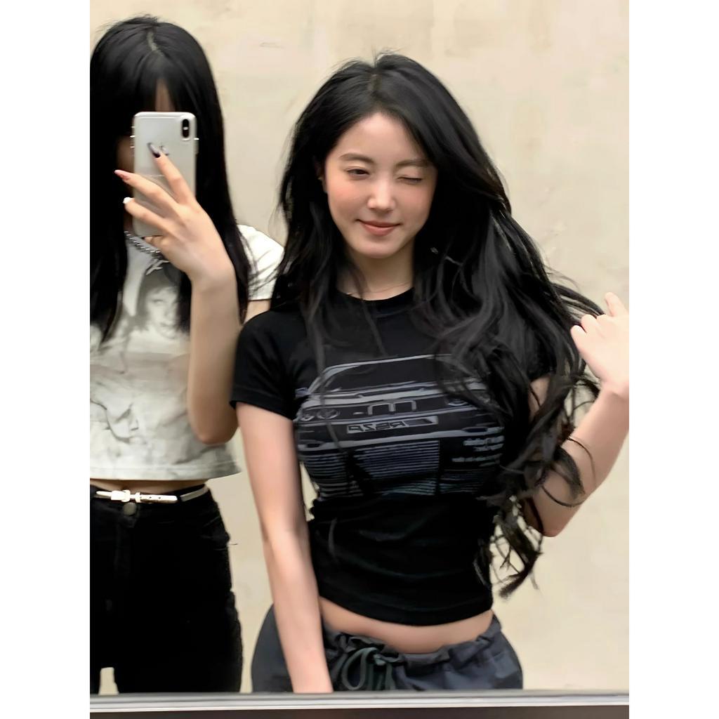 Ethelgirl Áo Croptop Tay Ngắn Dáng Ôm In Họa Tiết Phong Cách Retro Mỹ Quyến Rũ Cho Nữ