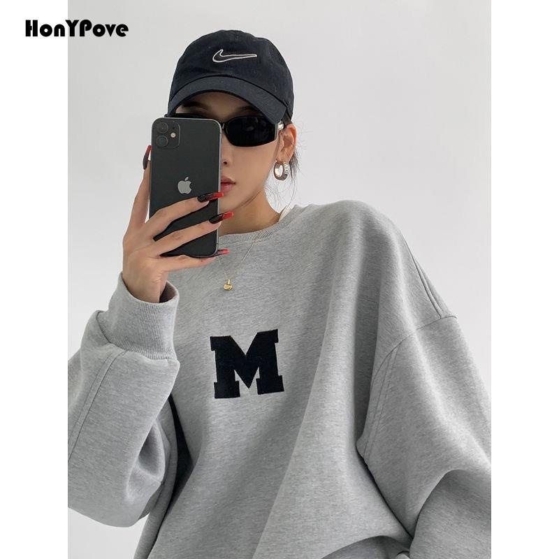 Áo Sweater Cổ Tròn Dáng Rộng Thêu Chữ Phong Cách Mỹ Thời Trang 2022 Mới Cho Nữ