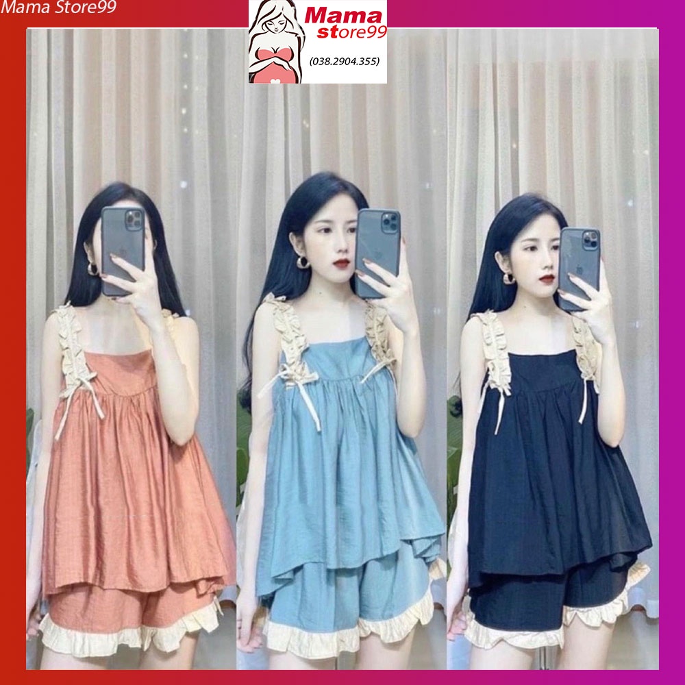 Bộ Bầu Mùa Hè Chất Đũi Siêu Mềm Mát. Bộ Bầu Hai Dây Đẹp Quần Có Chun Chỉnh Freesize Dưới 75kg HN0170 Mama Store99