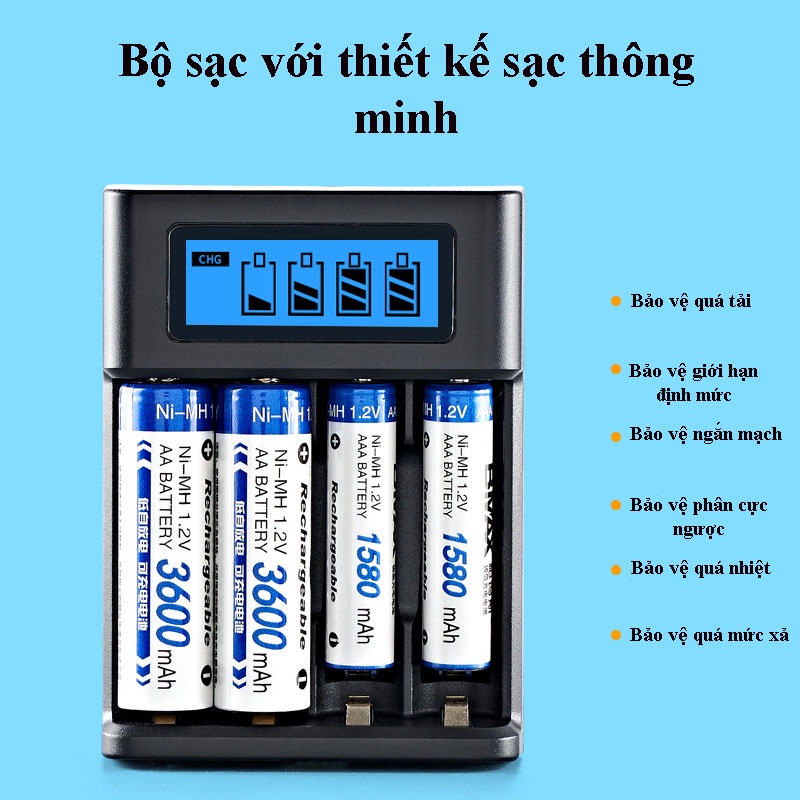 Bộ sạc bốn khe thông minh cho pin AA, AAA BH-A04 có màn LCD báo dung lượng pin, tự ngắt khi đầy