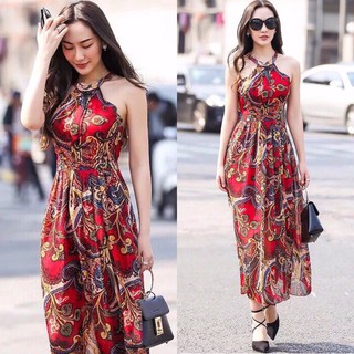 Đầm maxi dài hoa văn cổ yếm thời trang .