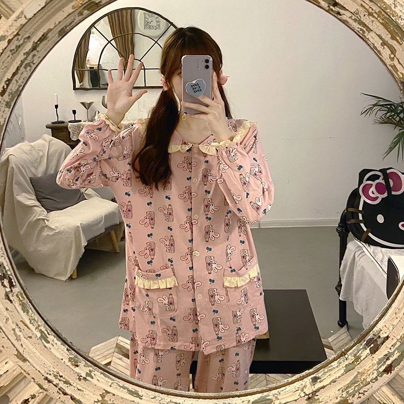 Bộ đồ ngủ nữ tay dài cổ bèo màu hồng hình thỏ bo chân chất thun cotton dễ thương | BigBuy360 - bigbuy360.vn