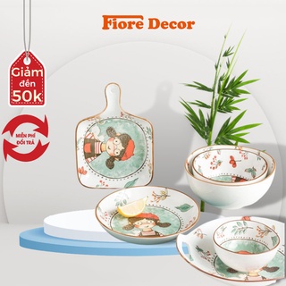 Bát đĩa sứ, chén đĩa sứ họa tiết cô gái đeo kính bán decor trang trí fiore