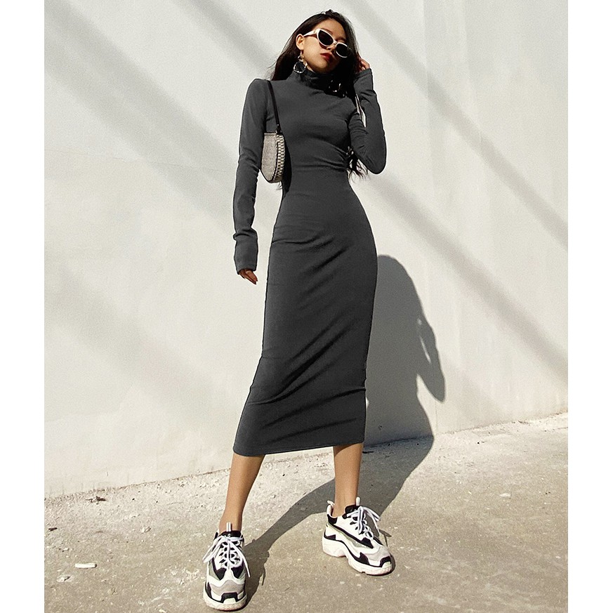Đầm Dài Qua Gối Tay Dài Cổ Cao Dáng Ôm Thời Trang Thu Đông Cho Nữ