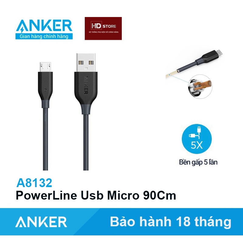 Dây cáp sạc Anker PowerLine Usb to Micro Dài 0.9 Mét - A8132 Sạc nhanh Samsung Quick Charge Androi