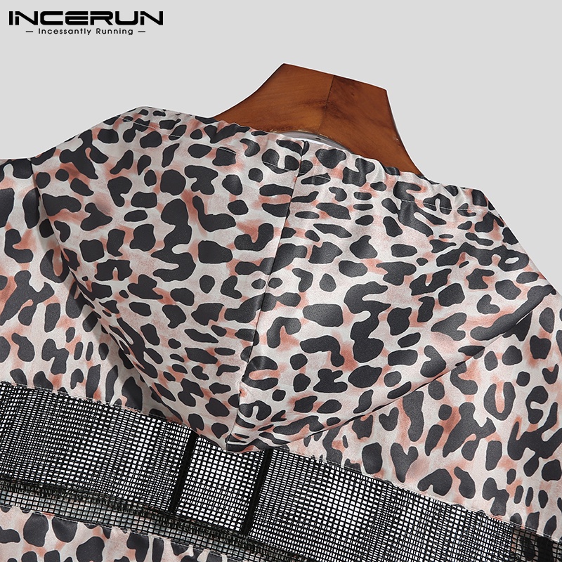 Áo thun vải lưới INCERUN không tay có mũ trùm đầu họa tiết da báo cho nam