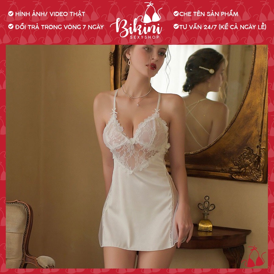 👙❣️ Váy ngủ gợi cảm nữ ren phối lưới xuyên thấu 2 bên sexy kèm chip lọt khe freesize màu đen/ trắng SN07