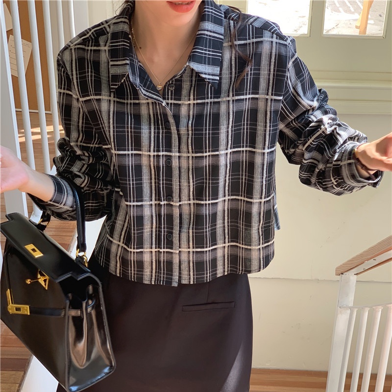 SUXI Áo Sơ Mi Dài Tay Họa Tiết Ca Rô Phong Cách Hàn Quốc Cổ Điển Dành Cho Nữ