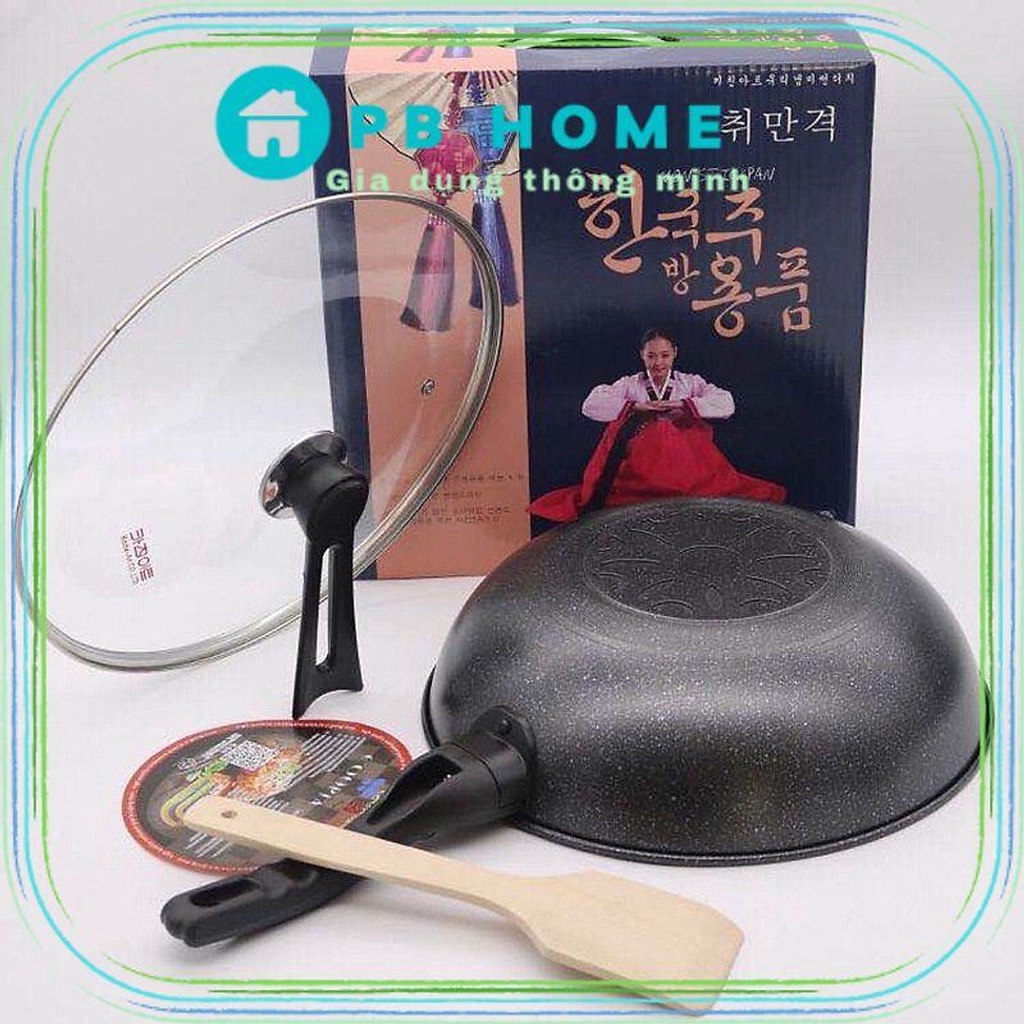 Chảo đá sâu lòng chống dính hàn quốc size 32cm nắp kính tặng kèm muôi gỗ