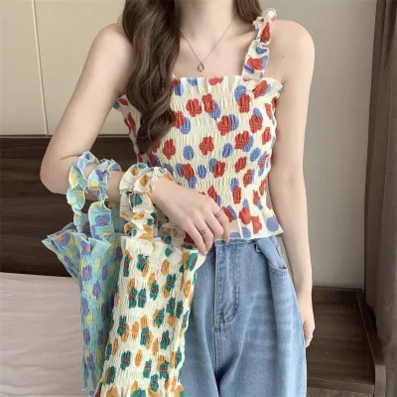 Áo 2s 2 dây hoa bánh bèo chun co giãn xinh xắn hàng Quảng Châu