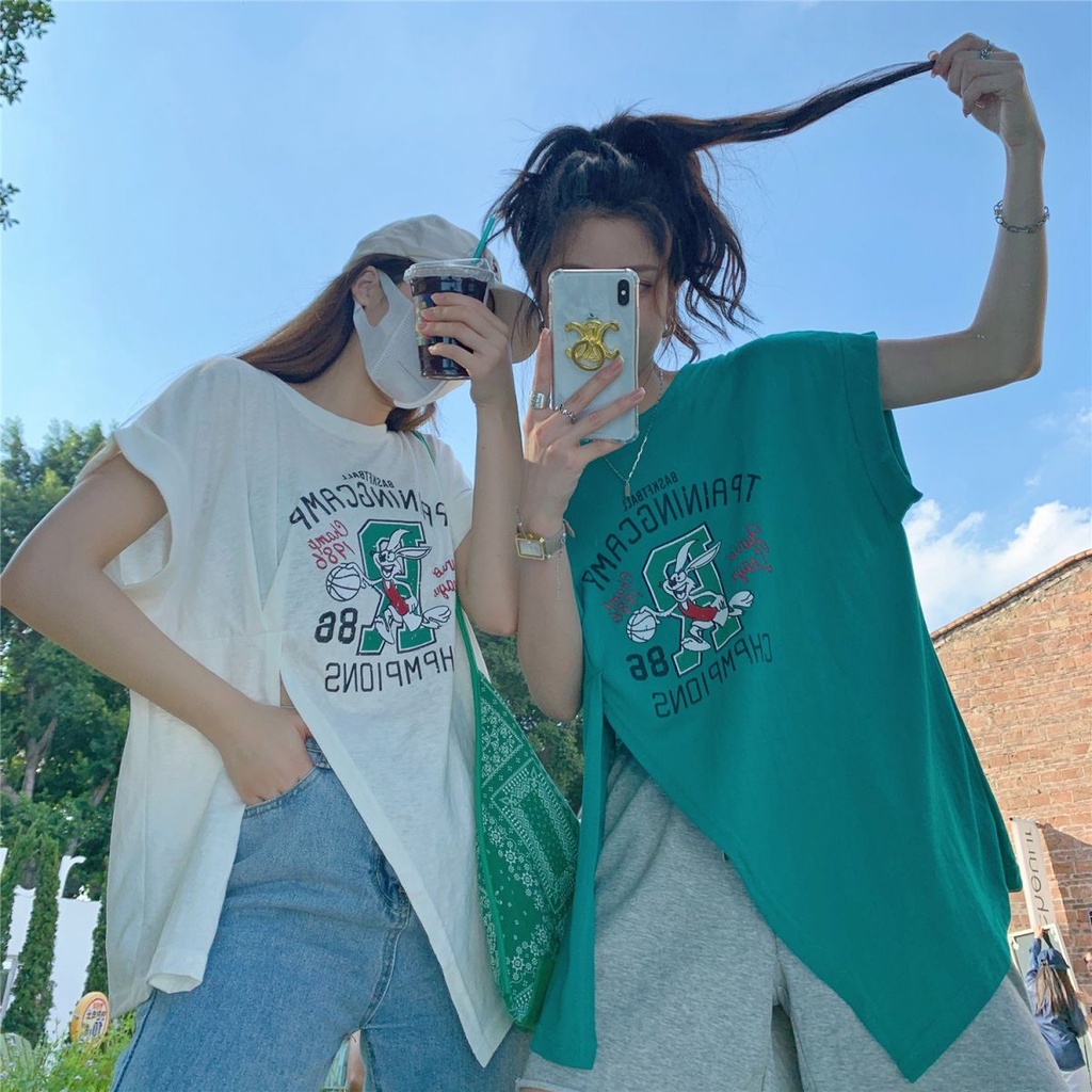 Áo Thun Dáng Rộng Xẻ Tà Họa Tiết Hoạt Hình Phong Cách Retro Mùa Hè Cho Nữ