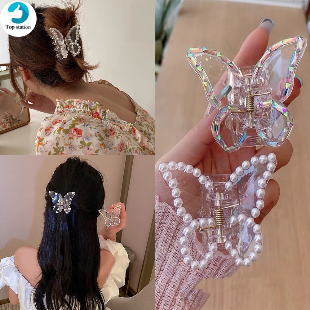 Kẹp Tóc Trong Suốt Hình Bướm Đính Đá Và Ngọc Trai Thanh Lịch Cho Nữ