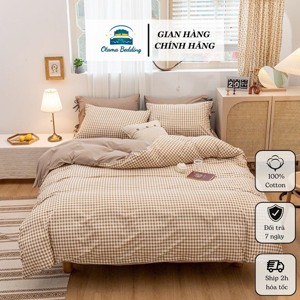 Bộ chăn ga gối đệm caro be chất liệu cotton poly mềm mát Otama Bedding bộ drap giường bo chun đủ size 1m2 1m4 1m6 1m8 2m