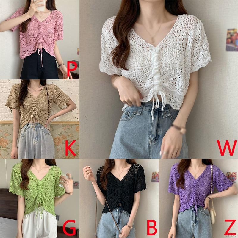 Áo Len Tay Ngắn Màu Sắc Đơn Giản Phong Cách Hàn Quốc Cho Nữ