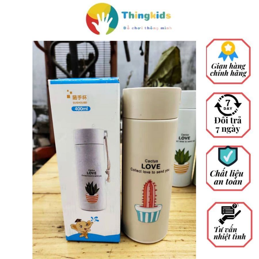 Bình nước in hình xương rồng nhiều màu 400ml - Thingkids