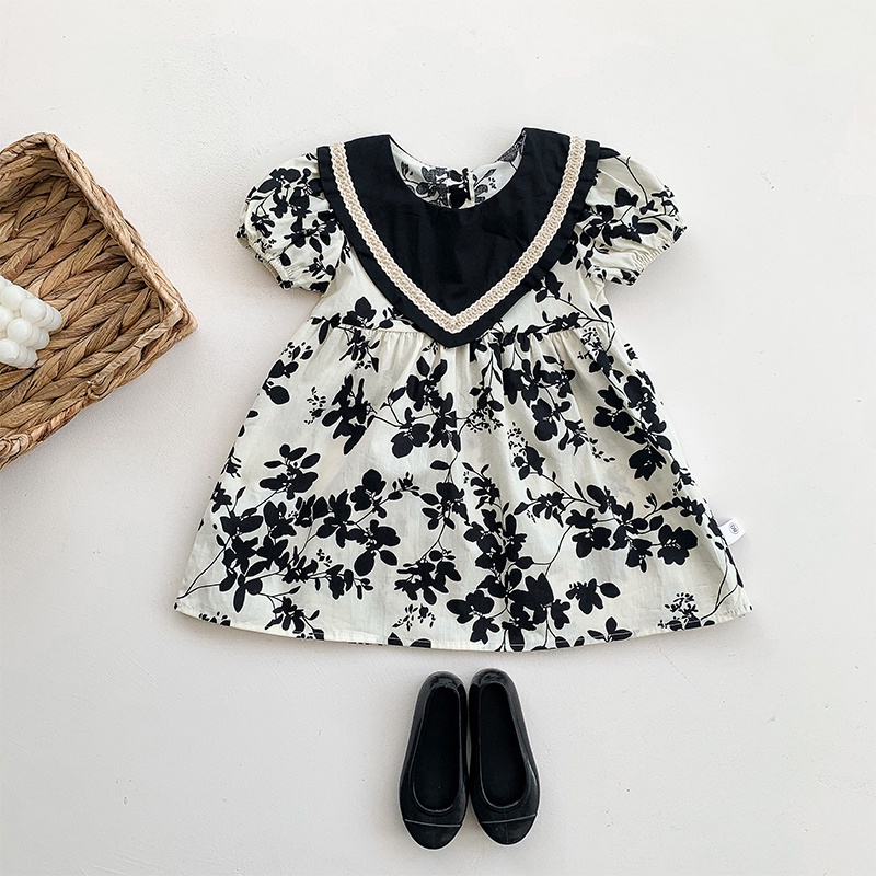 Đầm Công Chúa Tay Ngắn Màu Đen Phối Hoa Thời Trang Mùa Hè Cho Bé Gái