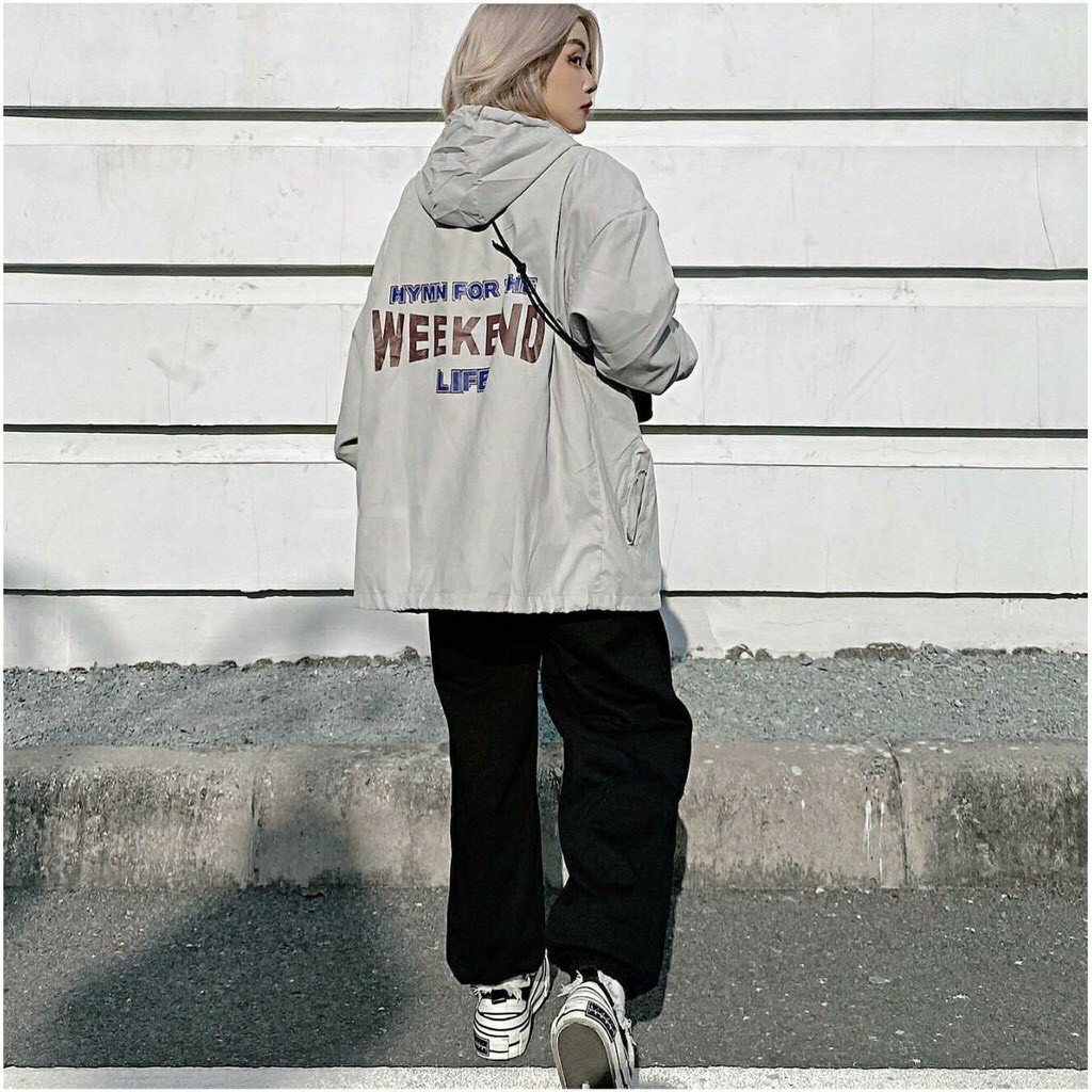 Áo Khoác Dù WEEKEND Unisex (Đen/Xám). Freesize form rộng Nam Nữ
