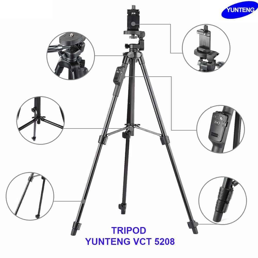 Gậy chụp hình máy ảnh, cây Tripod YUNTENG 5208 làm giá đỡ livestream tự sướng, selfie 3 chân GT3C005